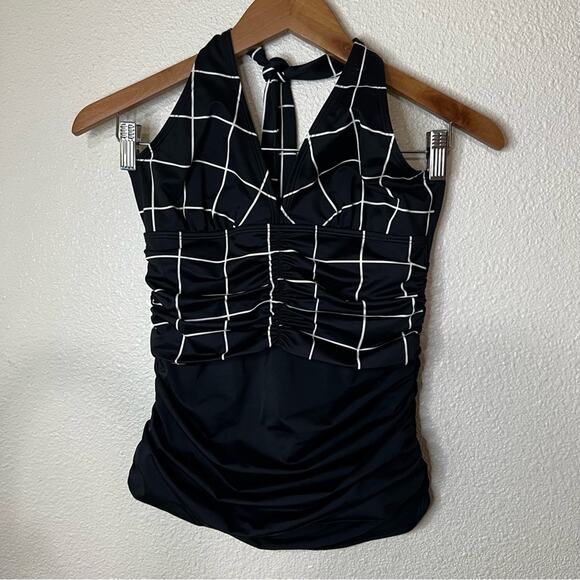 Spanx black windowpane halter tankini swimsuit tank top 6 - Picture 2 of 7